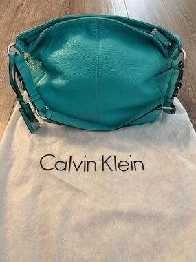 Calvin Klein Genuine Leather Handbag in Tiffany Blue with Tan Interior